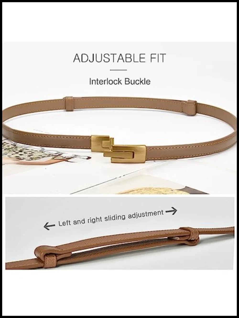 Women's Skinny Cowhide Leather Belt with Interlock Buckle for Dress Jeans Coat